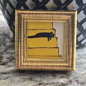 Framed Black Cat Painting Sleeping Cat on Stairs 4x4 Viktoria Fine Gallery OOAK